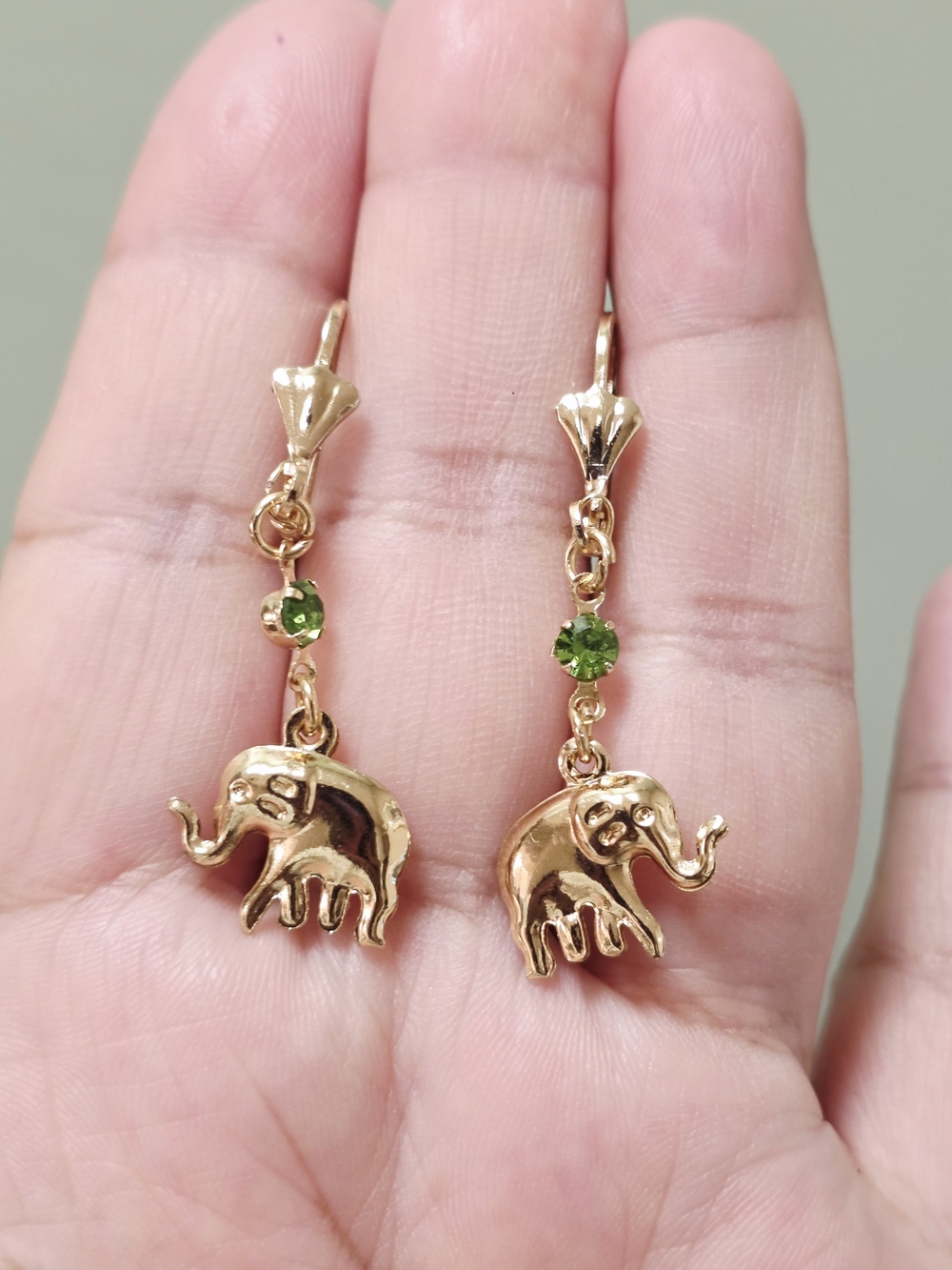 14k Gold Plated  Elephant Drop Earrings with Green Accent